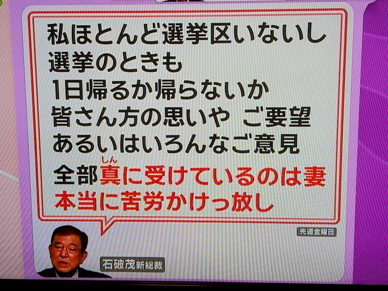 石破茂さんが妻・佳子さんについて語っていたコメントです。苦労をかけ続けていた佳子さんへの労いの言葉です。