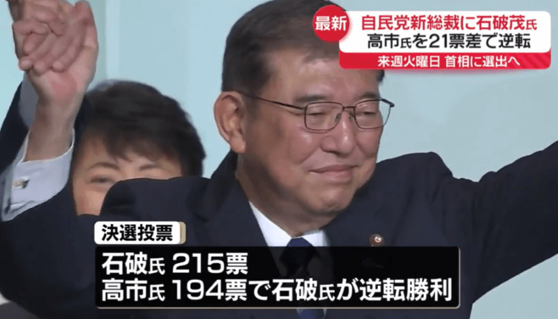 2024年9月27日に自民党総裁選において高市氏を破り石破茂氏が新総裁に勝利しました。