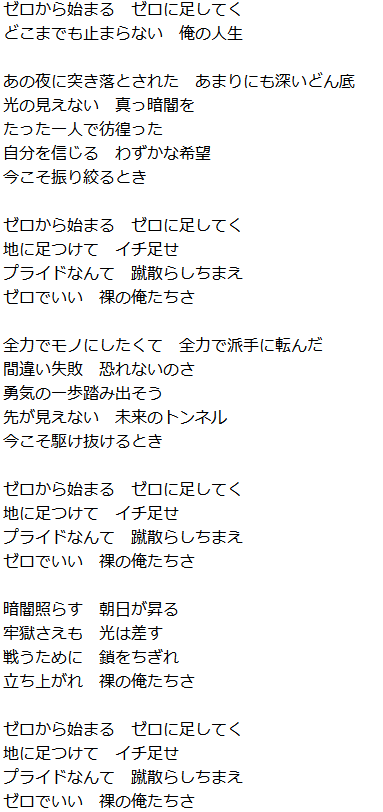 ハッカーズデビュー曲「ゼロ~裸の俺たち~」の歌詞です。