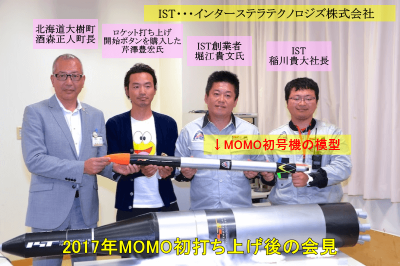 2017年MOMO初打ち上げ後の会見です。右からインターステラテクノロジズ株式会社稲川貴大社長、IST創業者堀江貴文氏、ロケット打ち上げ開始ボタンを購入した芹澤豊宏氏、北海道大樹町酒森正人町長の4人がMOMO初号機の模型を手に持っています。